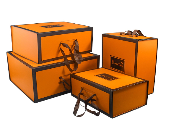 Orange Cardboard Shoe And Clothing Gift Box With Ribbon Handle 